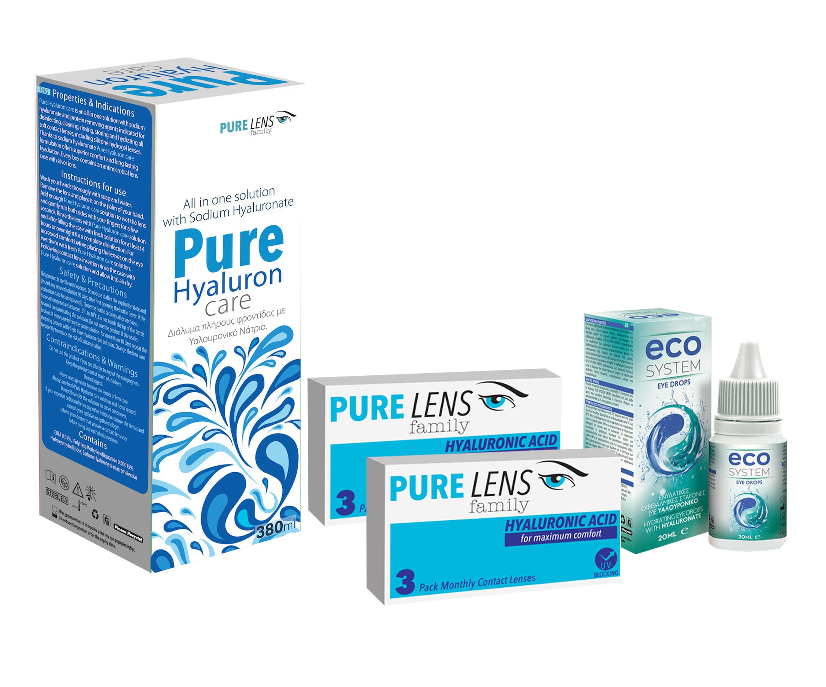Pure Lens Hyalouronic ΜΥΩΠΙΑΣ ΜΗΝΙΑΙΟΙ - 6 ΦΑΚΟΙ+Pure Hyaluron Care 380ml + Ecosystem Eye Drops 15 ml