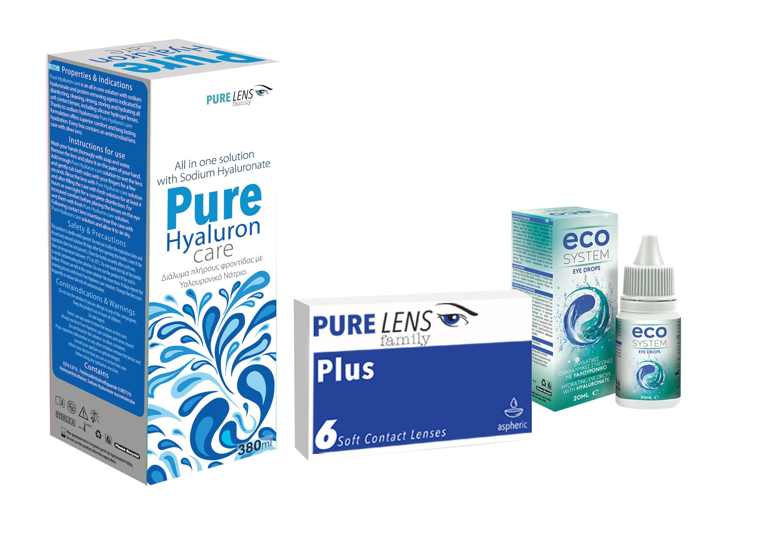 PURE LENS PLUS 6 ΦΑΚΟΙ ( 3 ZEΥΓΗ)  +Pure Hyaluron Care 380ml+ ECOSYSTEM EYE DROPS 15 ML