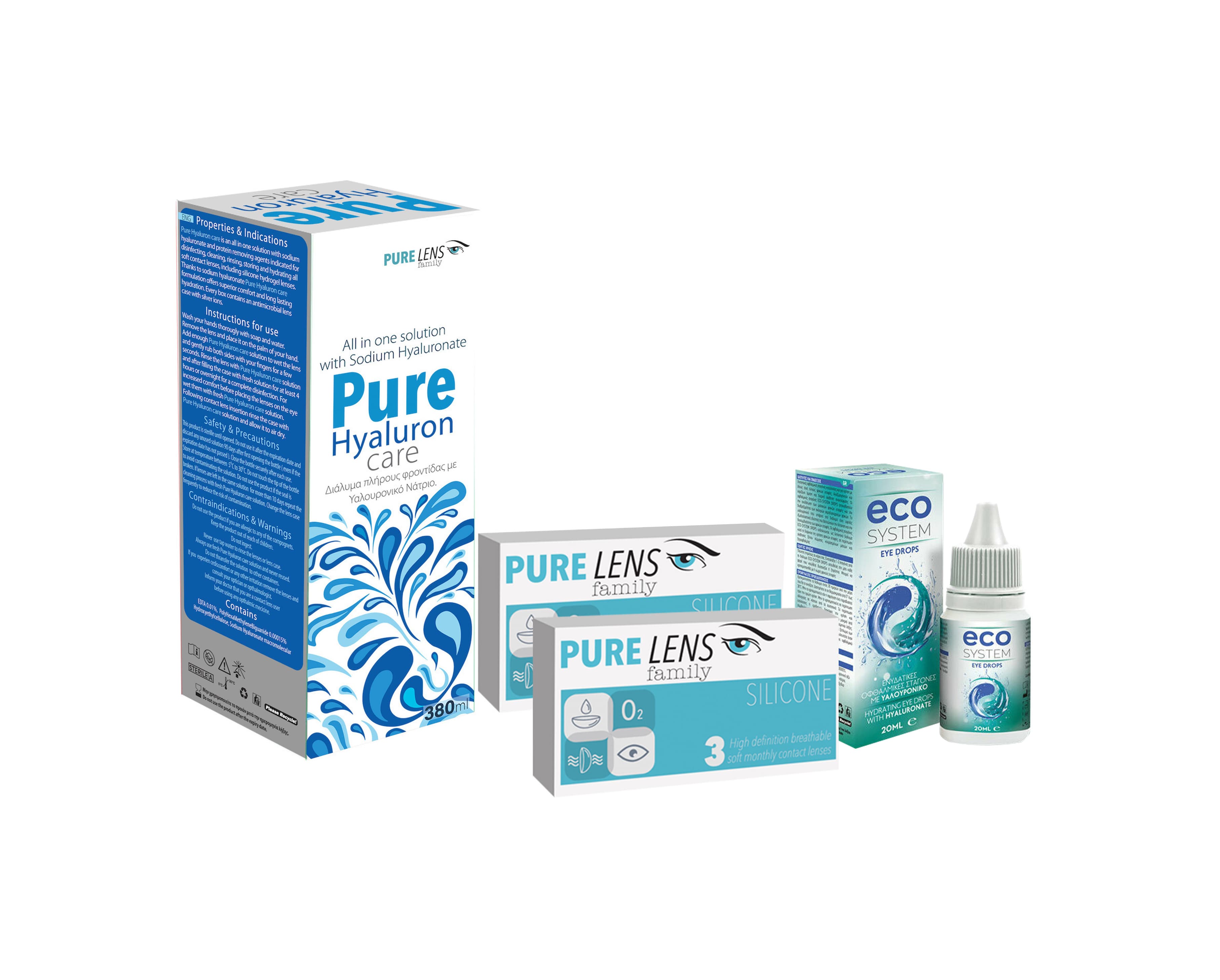 PURE LENS SILICONE ΜΗΝΙΑΙΟΙ ΜΥΩΠΙΑΣ ΥΠΕΡΜΕΤΡΩΠΙΑΣ ΣΙΛΙΚΟΝΗΣ-ΥΔΡΟΓΕΛΗΣ - 6 ΦΑΚΟΙ ( 3 ZEΥΓΗ)  +Pure Hyaluron Care 380ml+ ECOSYSTEM EYE DROPS 15 ML