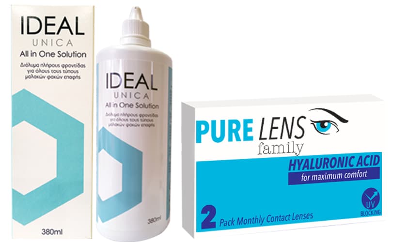 Pure Lens Hyalouronic ΜΥΩΠΙΑΣ ΜΗΝΙΑΙΟΙ - 2 ΦΑΚΟΙ+ Ideal Unica 380ml (ΜΕΜΟΝΩΜΕΝΑ ΤΜΧ. ΧΩΡΙΣ ΚΟΥΤΙ)