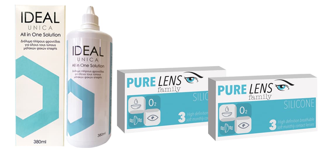 PURE LENS SILICONE ΜΗΝΙΑΙΟΙ ΜΥΩΠΙΑΣ ΥΠΕΡΜΕΤΡΩΠΙΑΣ ΣΙΛΙΚΟΝΗΣ-ΥΔΡΟΓΕΛΗΣ - 6 ΦΑΚΟΙ ( 3 ZEΥΓΗ)  +Υγρό IDEAL UNICA 380ml