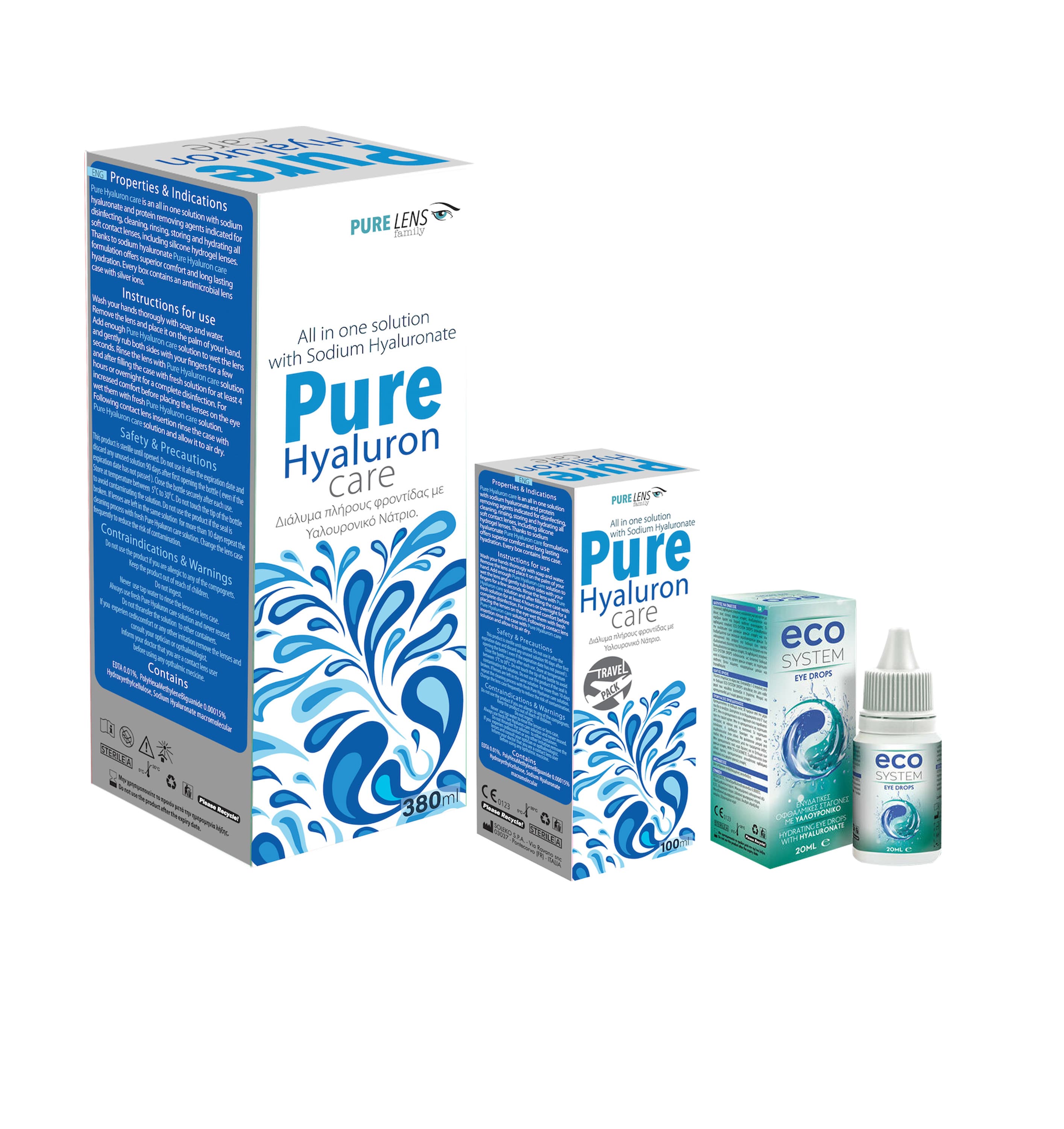 Pure Hyaluron Care Υγρό φροντίδας Μαλακών Φακών Επαφής με Υαλουρονικό Νάτριο (380ml + 100 ml) + ECOSYSTEM EYE DROPS 15 ML