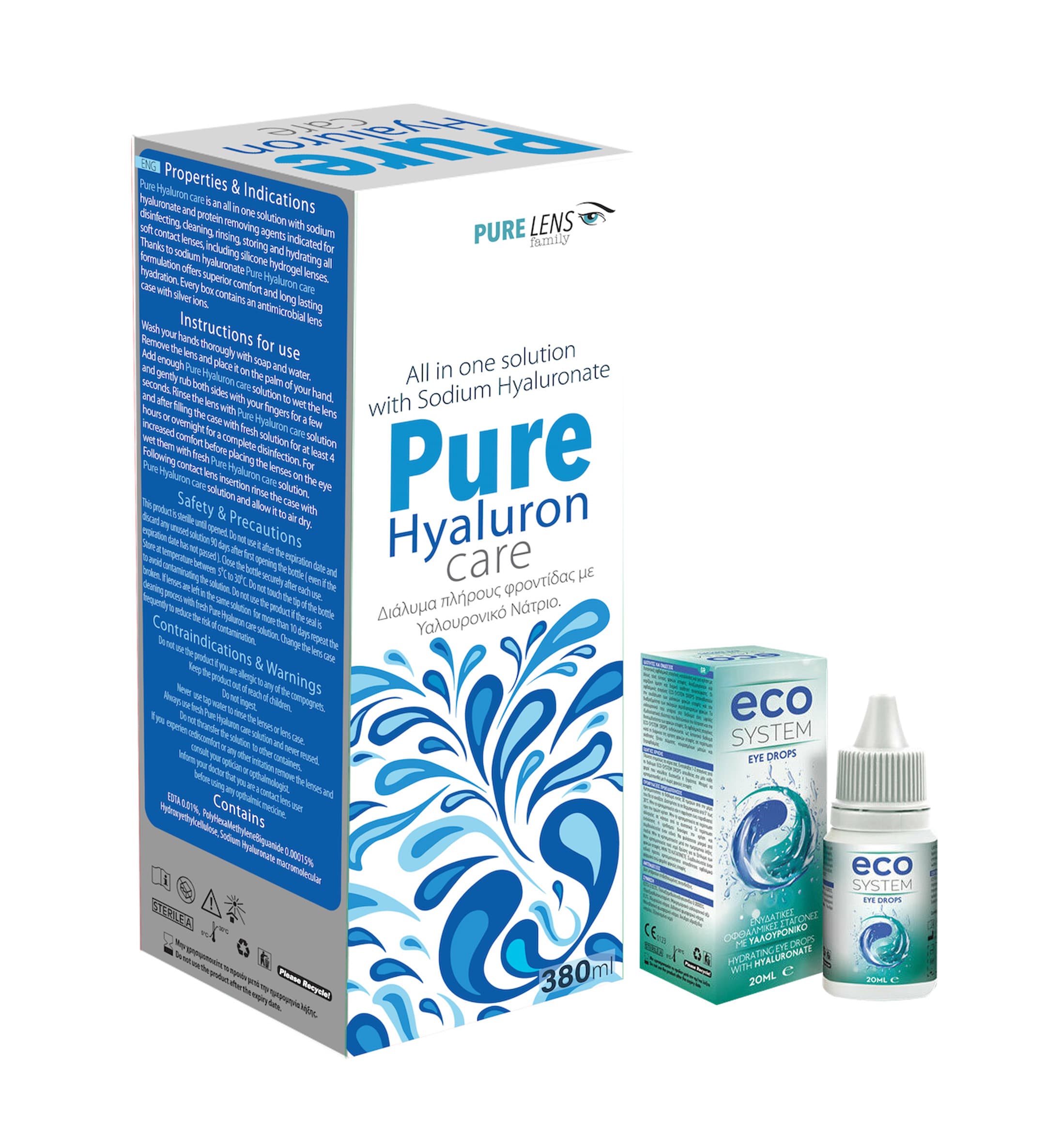 Pure Hyaluron Care Υγρό φροντίδας Μαλακών Φακών Επαφής με Υαλουρονικό Νάτριο 380ml+ ECOSYSTEM EYE DROPS 15 ML