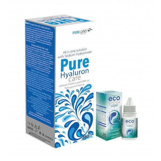 Pure Hyaluron Care Υγρό φροντίδας Μαλακών Φακών Επαφής  με Υαλουρονικό Νάτριο 380ml+ ECOSYSTEM EYE DROPS 20 ML